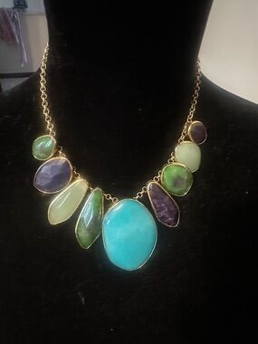 Stella & Dot Gold-Tone Multicolor Stone Bib Necklace - Turquoise, Green, Purple